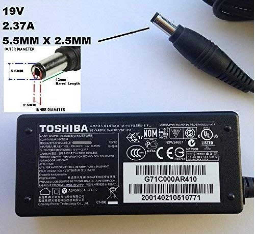 19V 2.37A, 45W Charger for Toshiba Laptop, 5.5mm x 2.5mm Tip (Make sure