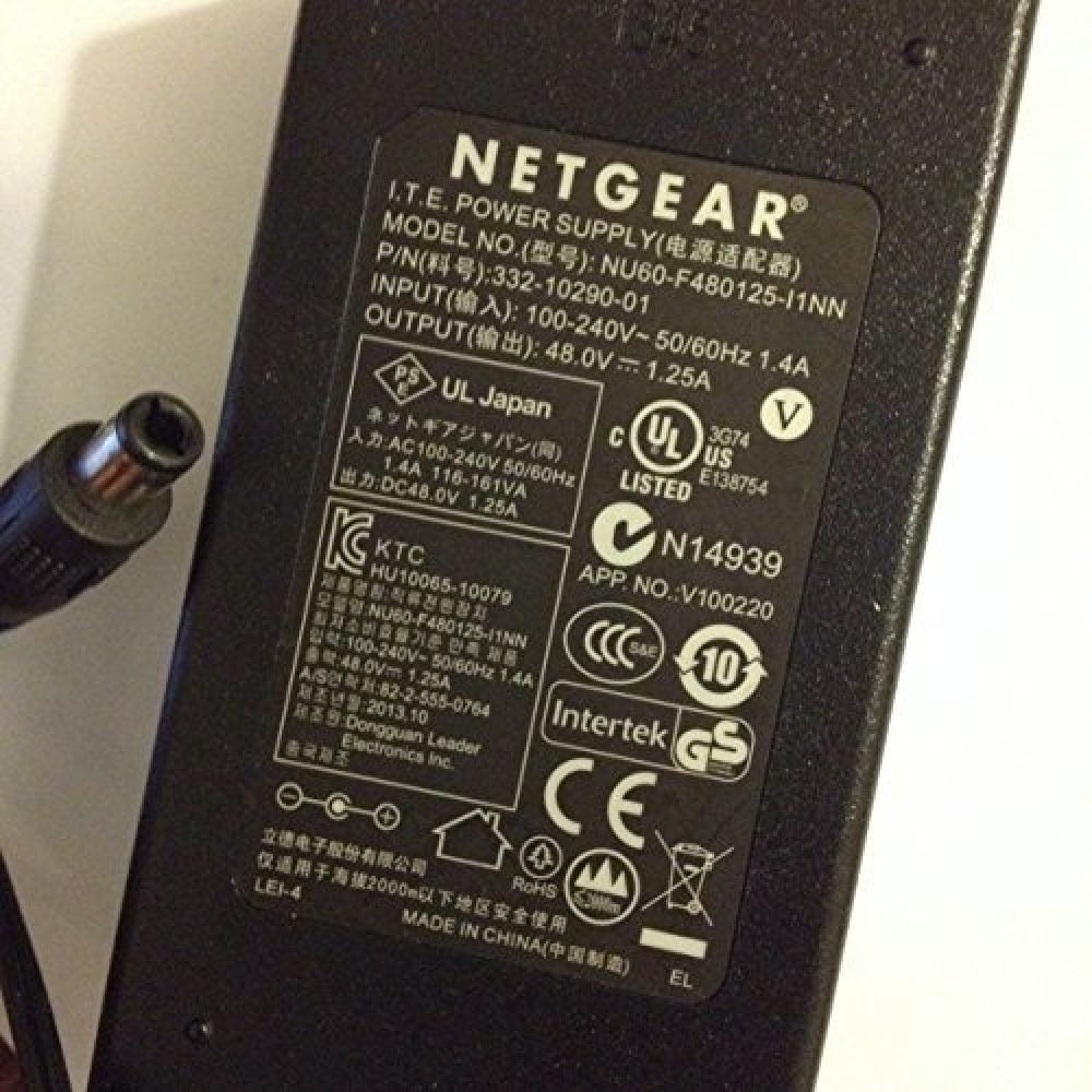 48V 1.25A Power Supply for NETGEAR Router, 5.5*2.1 Tip, NU60F480125